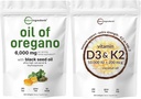 Micro Ingredients Oil of Oregano Softgels 6.000mg Per Serving & Vitamin D3 10.000iu + K2 200mcg Coconut Oil Softgels Bundle 2 Pack | 4X Styrka Carvacrol & Thymoquinon | Essential Sunshine Vitamins