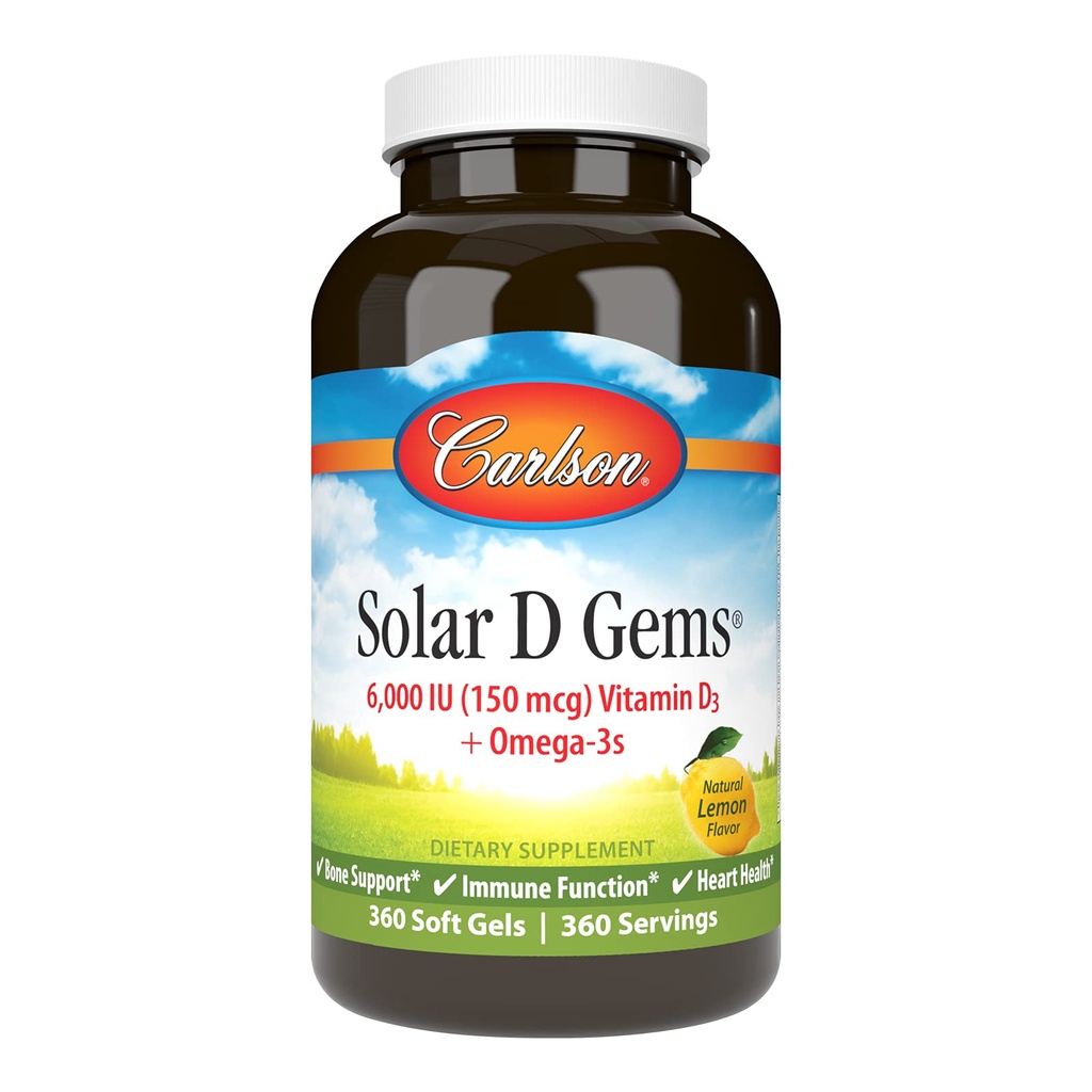 Carlson - Solar D Gems, vitamin D3 och Omega-3 Supplement, 6000 IE (150 mcg) Vitamin D3, 115 mg Omega-3s EPA och DHA Supplement, Wild Caught, Sustainably Sourced, Lemon, 360 Softgels