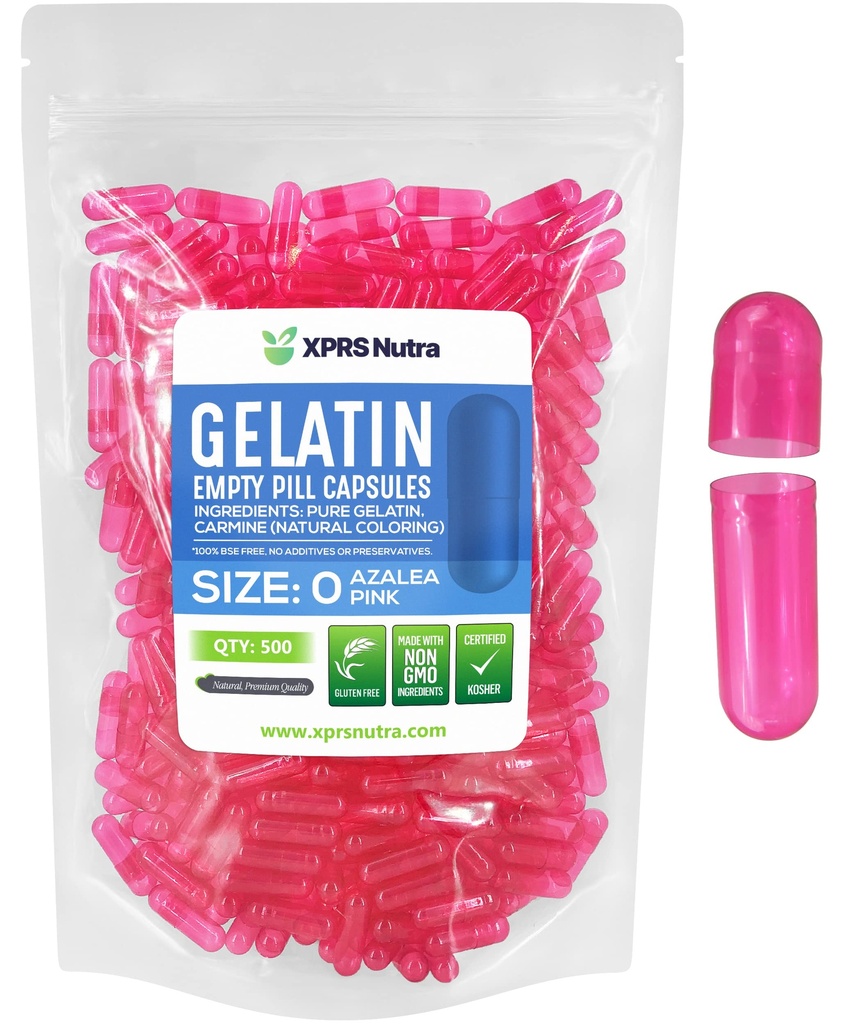 XPRS Nutra Size 0 Empty Capsules - 500 greve Empty Gelatin Capsules - Pills DIY Capsule Filling - Pure Bovine Pill Gel Caps for Do-It-Yourself Supplements (Azalea Pink)
