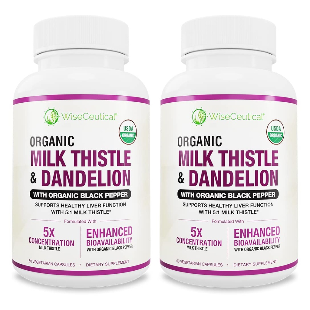 Max Absorption USDA Organic Milk Thistle Potent 5:1 Koncentrerad extrakt (2000mg Styrka) & Organic Dandelion Root | Silymarin Antioxidant Flavonoid | Lever Support Supplement (60 greve av 2)