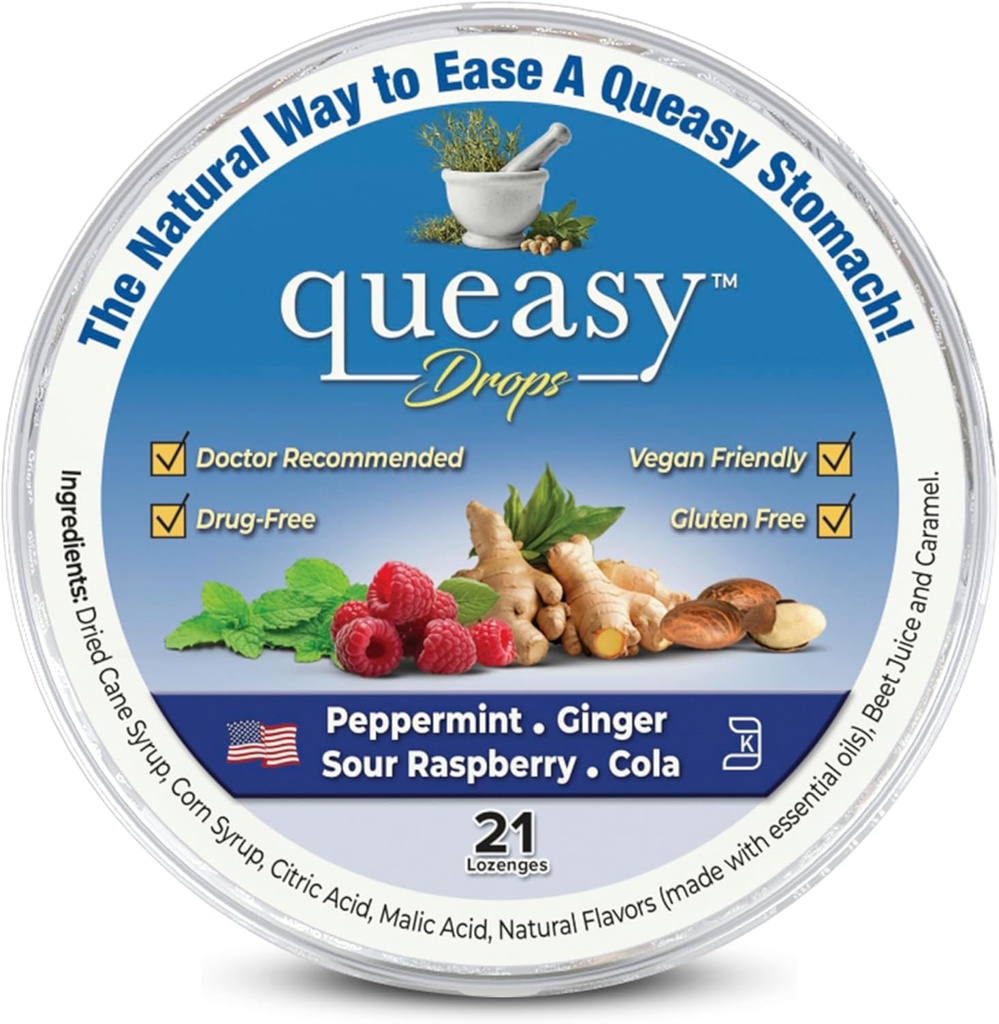Tre Lollies Queasy Drops - Ease Chemotherapy Nausea & Travel Sickness - lindrar en torr mun - naturliga ingredienser - 21 ct