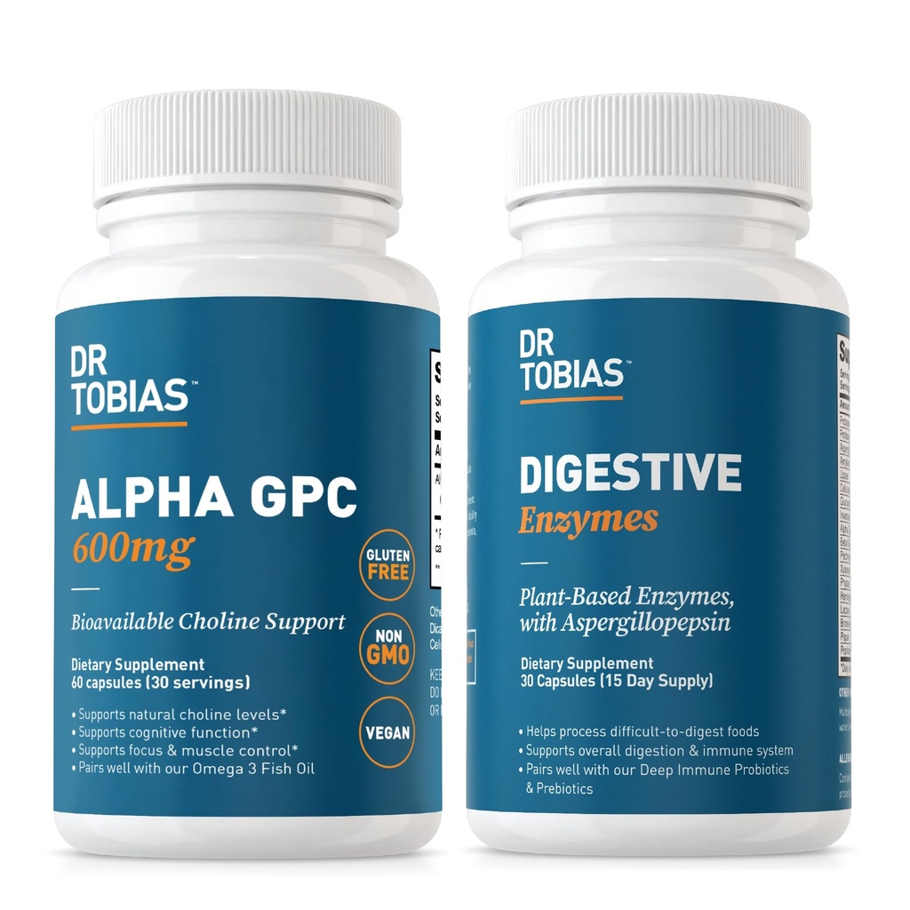 Dr Tobias Alpha GPC & Digestive Enzymes - Stöd kognitiv funktion & Everyday Gut Health med Bioavailable Choline Supplement & Premium Enzymes för Digestion, icke-GMO