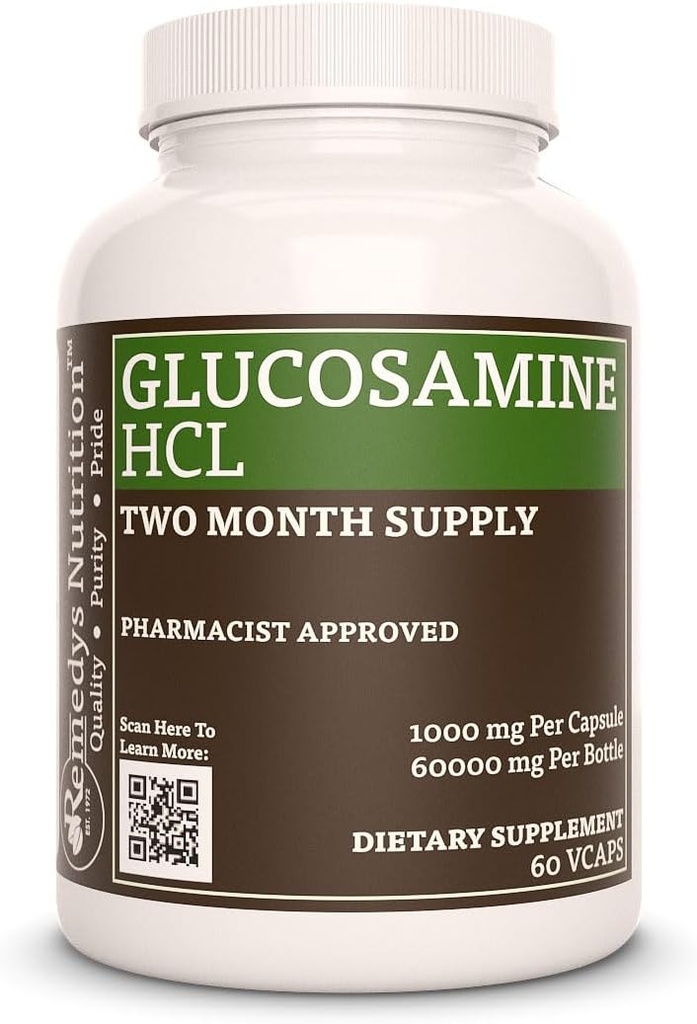 Remedys Nutrition Glukosamin HCL | 1000 mg, 60 Vegan kapslar Kosttillskott | Tvåmånaders leverans