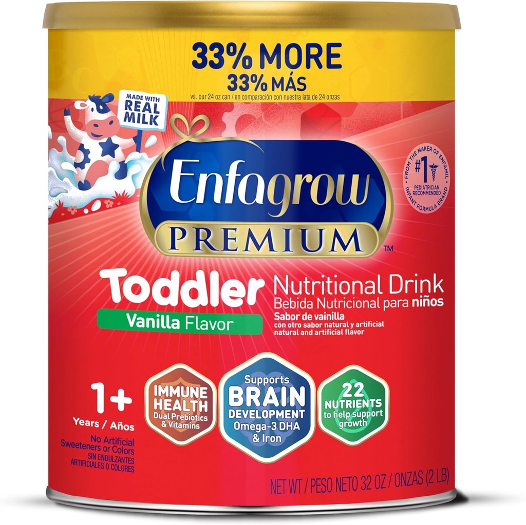 Enfagrow Premium Toddler Nutritional Drink, Natural Vanilla Flavor, Omega-3 DHA för hjärnstöd, prebiotika och vitaminer för immunhälsa, icke-GMO, Powder Can, 32 Oz (Pack av 1
