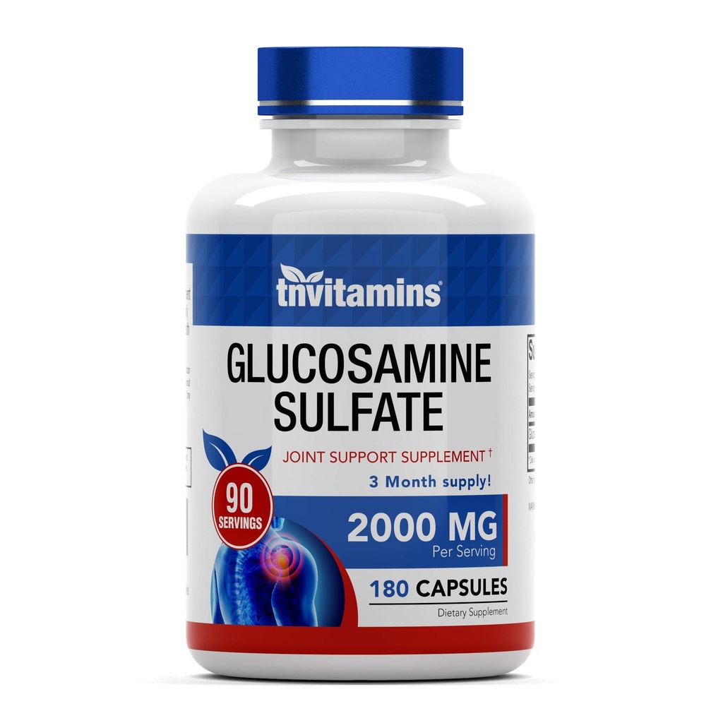 Tnvitaminer Glukosamin sulfat kapslar 2000 MG (180 greve) | Gemensamt stöd * Tillägg för kvinnor och män | Producerad i USA | Främjar flexibilitet och rörlighet