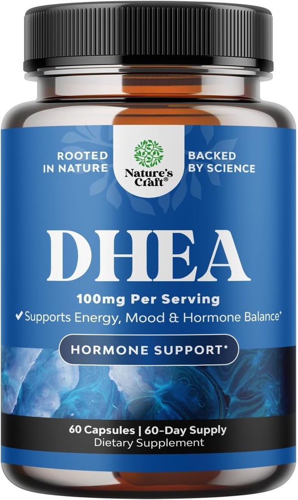 DHEA Supplement för kvinnor och män - Ren DHEA 100mg för hormonbalans, förbättrar humörstabilitet, hjärnfunktion, immunsystem, energi och fertilitet - Dehydroepiandrosteronkapslar för vuxna - 60 Ct