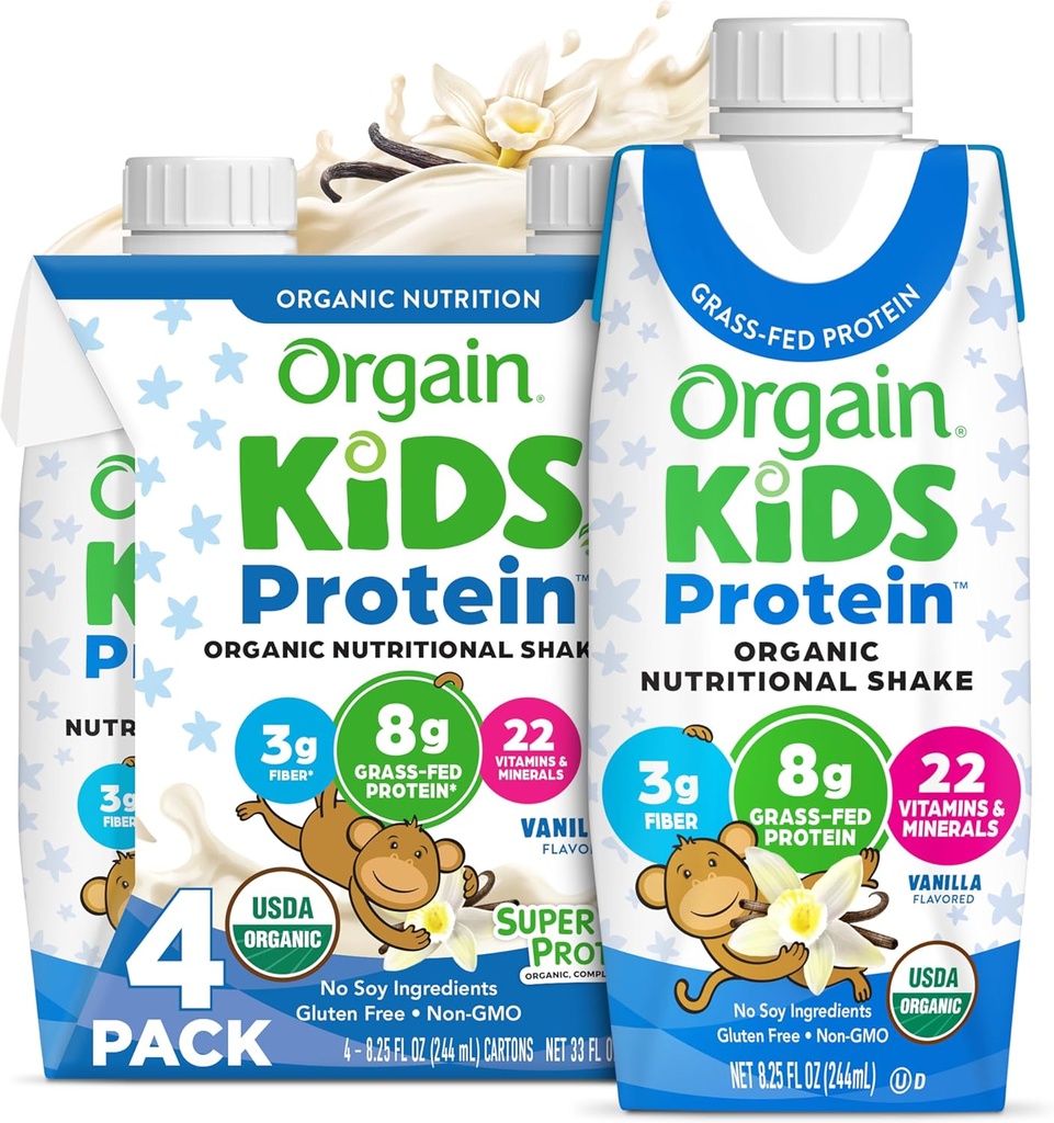 Orgain Organic Kids Protein Nutritional Shake, Vanilla - 8g of Protein, 22 Vitamins & Minerals, Fruits & Vegetables, Gluten Free, Soy Free, Non-GMO, 8.25 Fl Oz (Pack of 4)