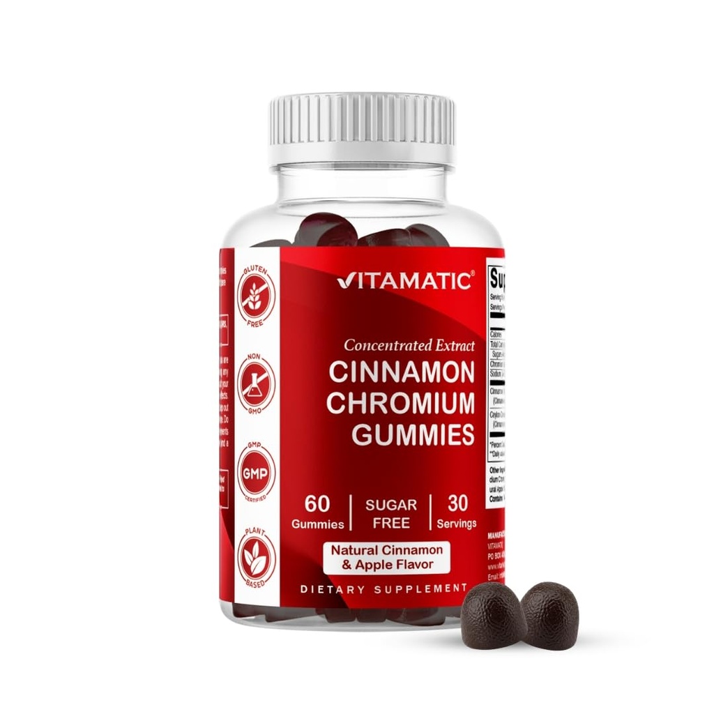 Vitamatic Sugar-Free Chromium Gummies med Ceylon Cinnamon - 2000 mg Equivalent Per Serving (från Extract 83 mg) - Non-GMO, Gluten-Free - 60 Vegan Gummies
