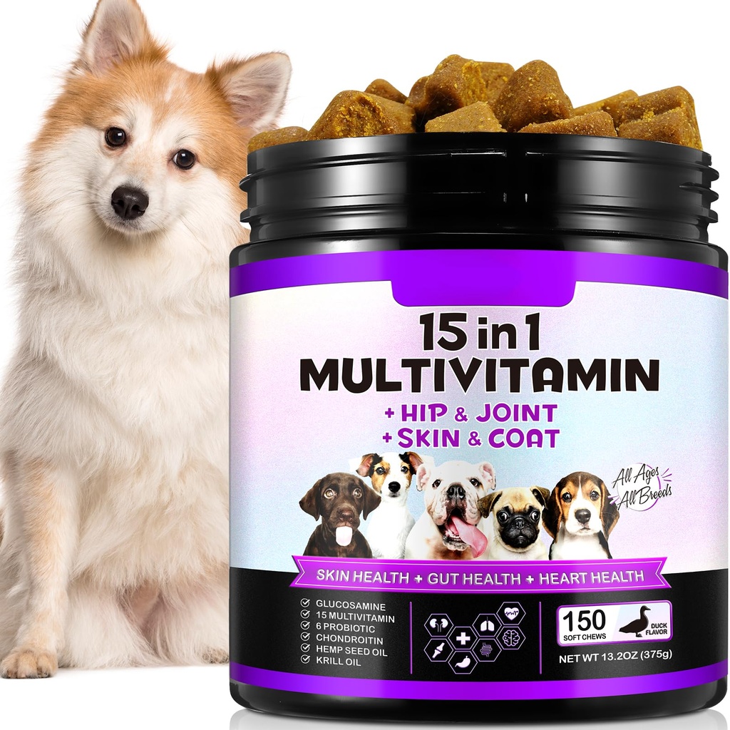 15-i-1 Dog Multivitamin Supplements with Glucosamine & Probiotics,Natural Daily Vitamins Chews for Dogs,Pet Health Support-Skin-Immunity-Gut Digestion-Joint-Heart,150 Pcs-Duck Flavor