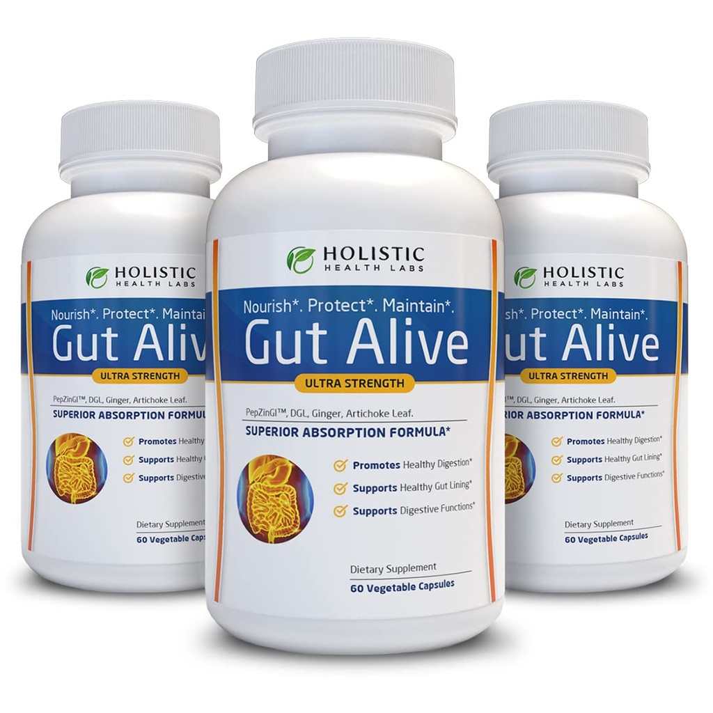 Gut Alive - Allt naturligt stöd för att bekämpa IBS, Heartburn, Acid Indigestion, Acid Reflux, Bloating & Gas. Unik formulering (60 greve av 3)