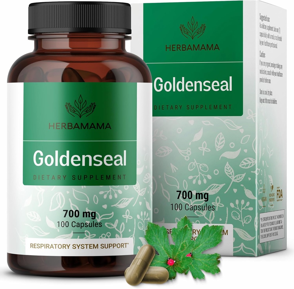 HERBAMAMA Goldenseal Root Capsules 700mg - Respiratory System & Immune Support med Goldenseal Powder Supplement - Vegan, Non-GMO