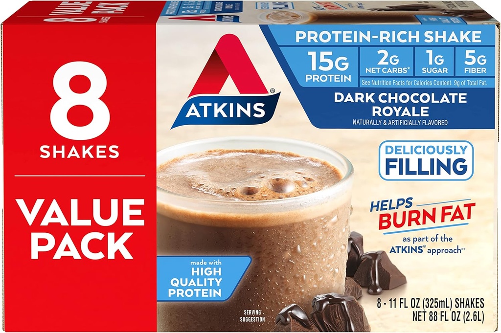 Atkins Gluten Free Protein-Rich Shake, Dark Chocolate Royale, Keto-Friendly, 8 greve av 1)