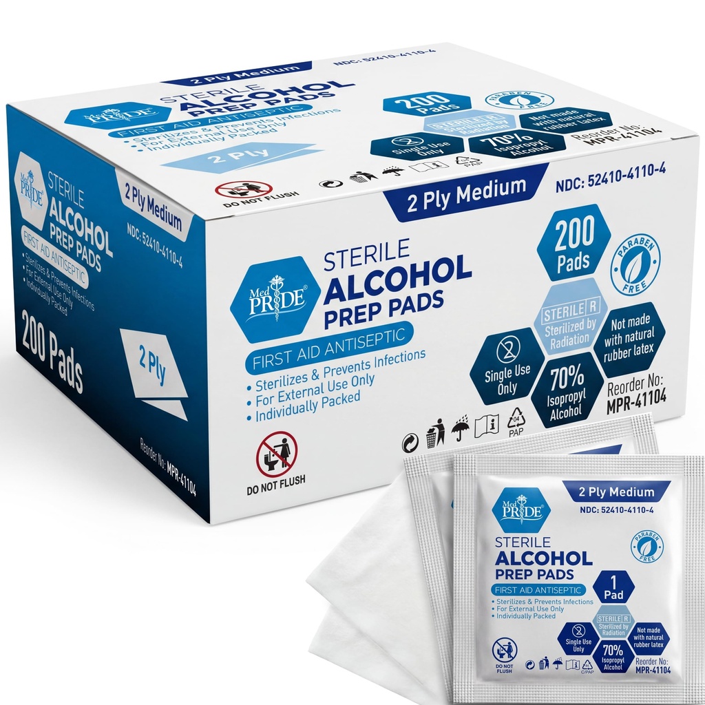 MED PRIDE Sterile Alcohol Prep Pads, Antiseptisk, 70% Isopropyl, Individuellt inslagen, Medicinsk Grad 2 Ply Wipes (200 greve (Pack av 1) Vit)