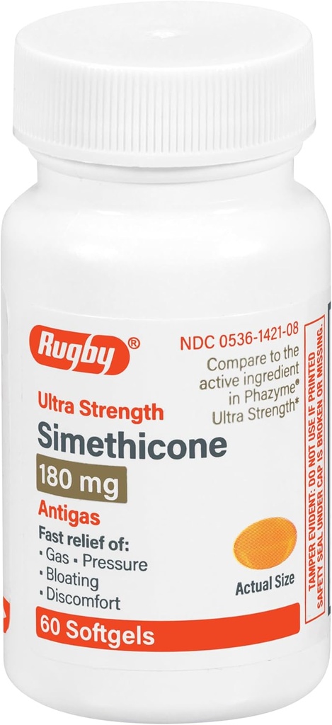 Rugby Ultra Strength Simethicone Gas Relief 180 mg - Maximal Gas Relief för vuxna - kan hjälpa till med symtom på flatulens, uppblåsthet, gas fullhet - 60 Softgels (1 Pack)