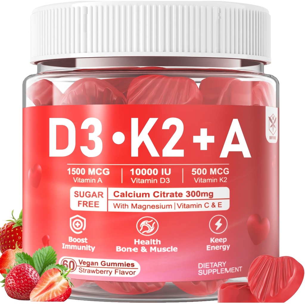 Vitamin D3 10000iu + K2 MK7 + En Gummies med kalcium Magnesium Zink för kvinnor och män, hög potens ADK Vitamin Supplement stöder hälsosamt immunsystem, ben och vision funktion, Sugar Gratis 120 Cts