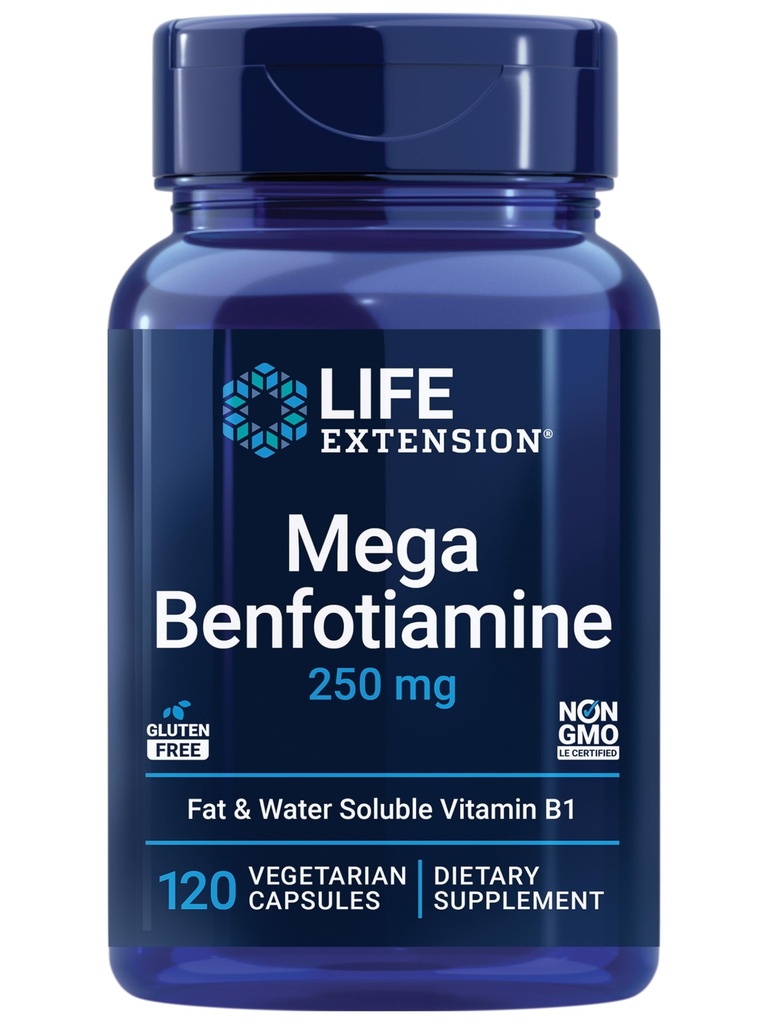 Life Extension Mega Benfotiamine, 250 mg, en fettlös form av tiamin, hälsosam metabolism, Ultra-bioavailable vitamin B1, hög styrka, glutenfri, icke-GMO, vegetarisk, 120 kapslar
