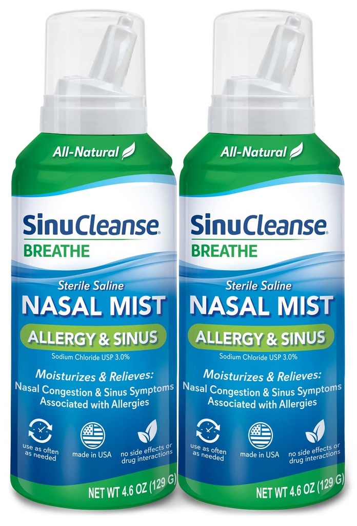 SinuCleanse Allergy & Sinus Sterile Saline Nasal Spray, Ultra Fine Mist, Moisturizes & Relieves Severe Nasal Congestion På grund av allergier, 4.6 Oz (2 Pack), Made in USA