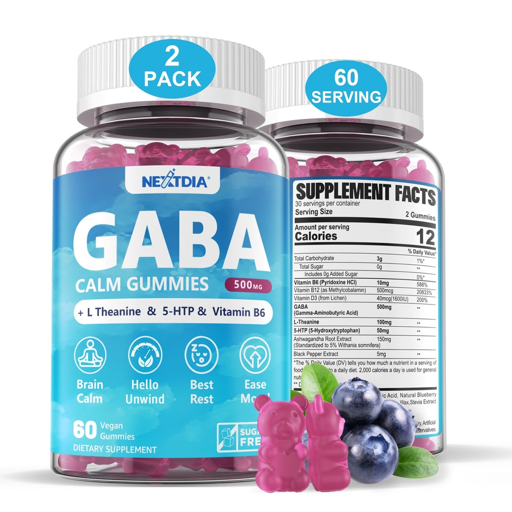GABA Gummies 500 mg - Sugar-Free Calm Gummies med L Theanine, 5-HTP, Vitamins D3, B12, Ashwagandha, Melatonin-Free för Brain Calm, Mood, Zzz Better, GABA Supplement för Adult, Blueberry Flavor, Vegan
