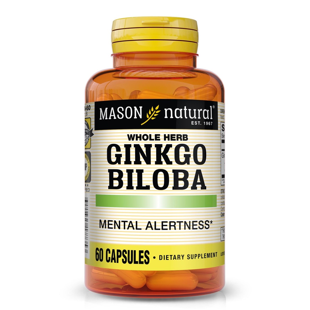 Mason Natural Ginkgo Biloba, 1 månads leverans, hjälper till att förbättra mentala Alertness & Support Optimal hjärnfunktion, 60 kapslar