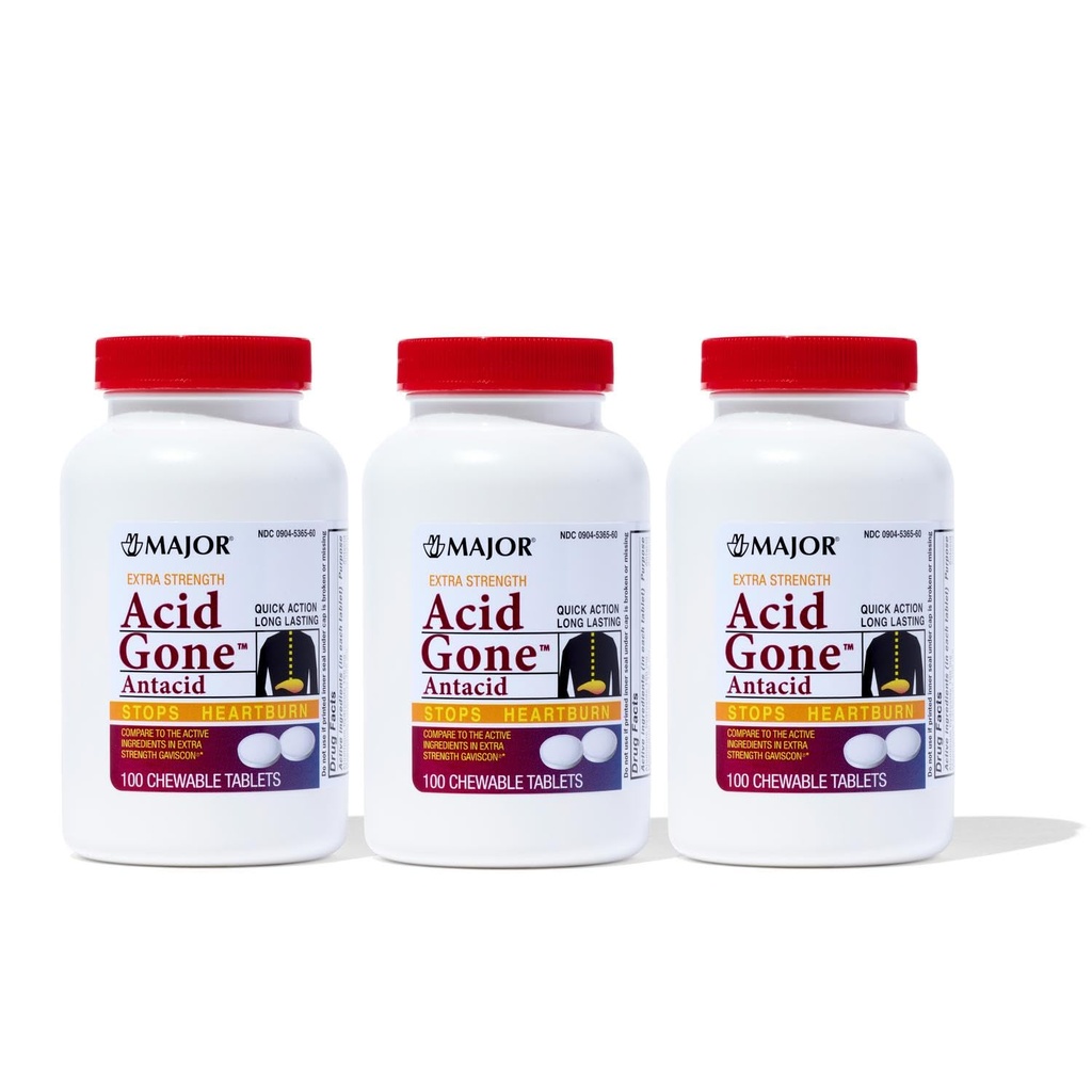 Major Acid Gone Extra Strength Antacid Chewable Tablets - Anti-Acid Relief - Acid Reflux Medicine for Adults - Upset Stomach, Acid Indigestion, and Heartburn Relief - Long-Lasting - 100 Count (3 Pack)