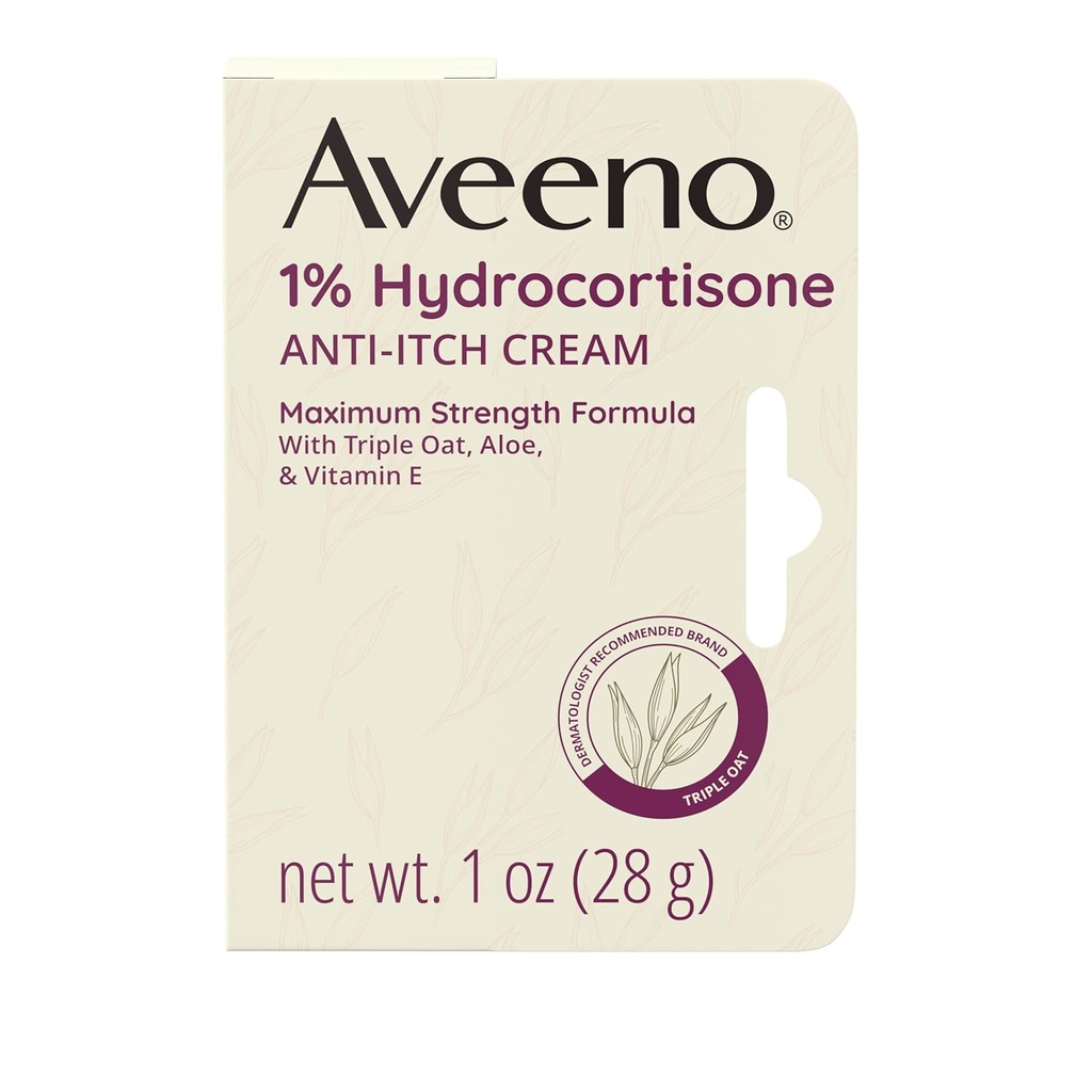 Aveeno Maximum Strength 1% Hydrocortisone Anti-Itch Cream, Triple Oat, Aloe & Vitamin E For Itch Relief From Eczema, Psoriasis, Insect Bites, Poison Ivy, Oak & Sumac & Detergents, 1 oz, 2 Pack