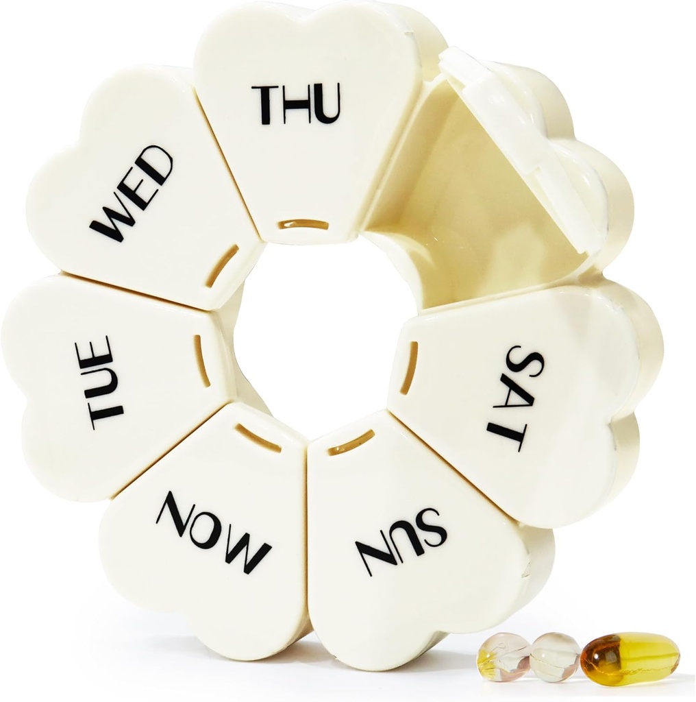 MOLN HYMY Large Weekly Pill Box 7 Day, Cute Pill Case Organizer 1 gång om dagen, Blompiller Container En gång dagligen, Ganska Medicin Dispenser för Vitamin / fiskolja / Läkemedel / Tillskott (Milky White)