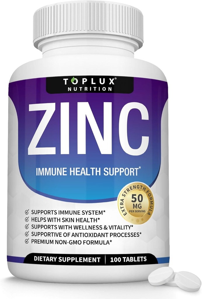 Zink Supplement 50mg för immunstöd - ren naturlig zinkoxid för att öka immunsystemet, hud och antioxidantstöd, hög styrka immunitetsbooster, för män kvinnor, 100 tabletter