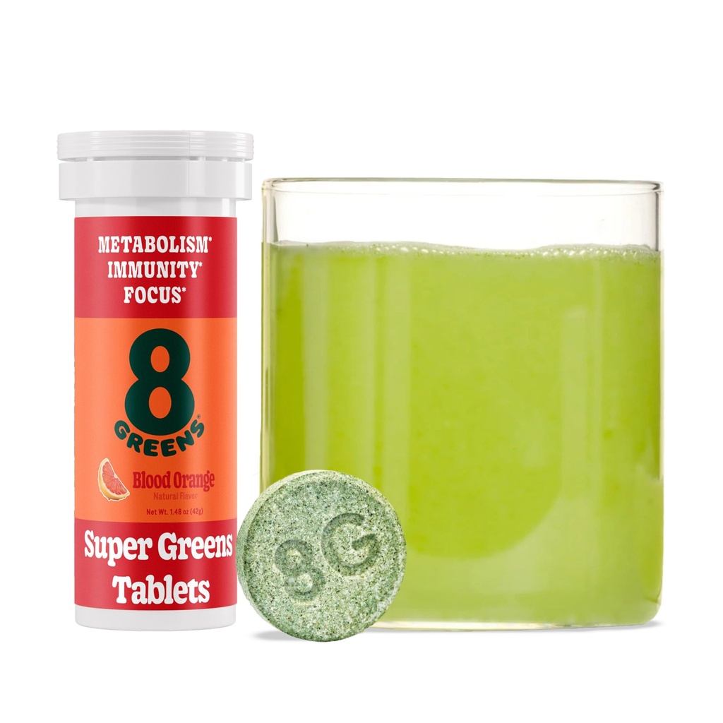8Greens Supergreens tabletter | Super Greens Powder Superfood Tablet, Metabolism Immunity & Focus, Daily Greens Effervescent Tablets, Organic: Aloe Vera, Spirulina, Chlorella, Blood Orange, 10 portioner