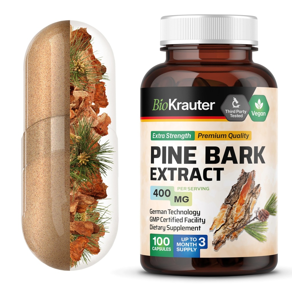 BIO KRAUTER Pine Bark Extract Capsules 400 mg - 100 greve - Antioxidant Supplement - 95% Proanthocyanidins - Pine Bark Supplement - Vegan, inga fillers