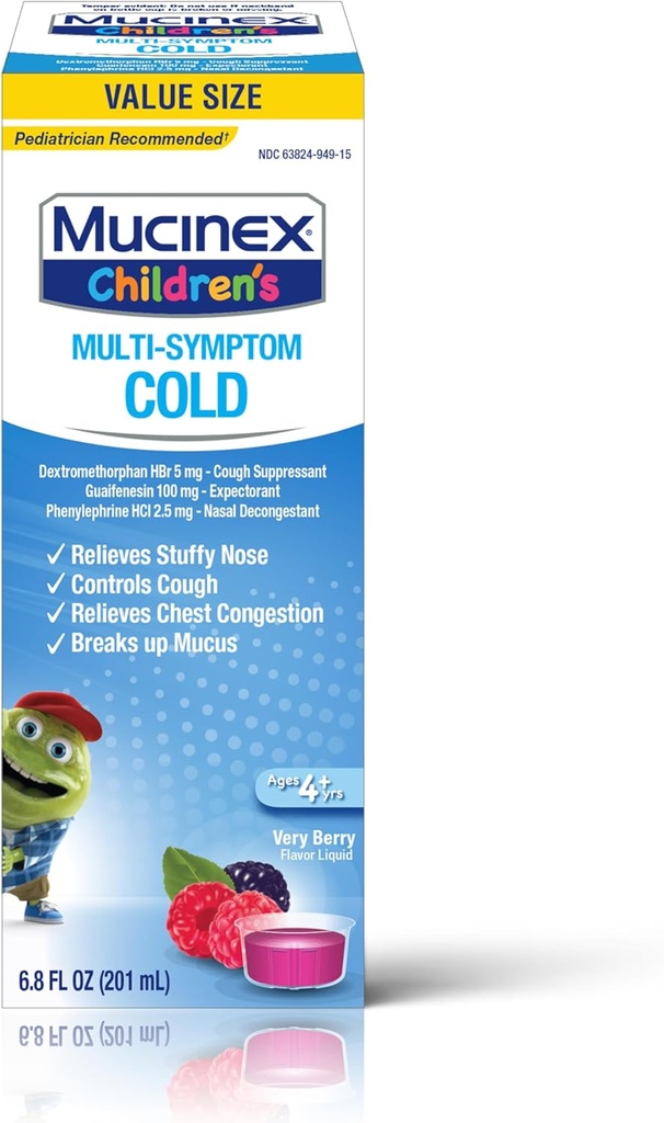 Mucinex Cough Suppresent Chest Congestion och Stuffy Nose Relief Children's Multi-Symptom Cold Liquid, Very Berry, 6.8 Fl Oz (Pack of 1)