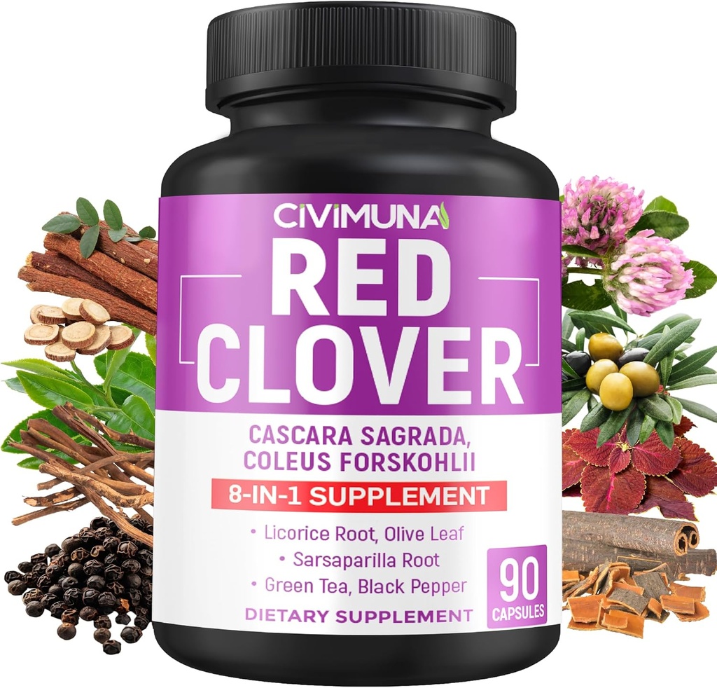 Red Clover Capsules med Red Clover, Cascara Sagrada Bark, Coleus Forskohlii - 90 kapslar för 3 månaders leverans