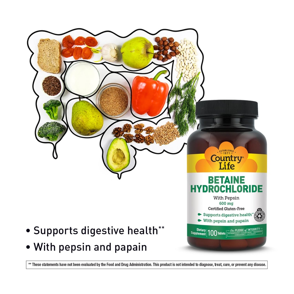Country Life Betaine Hydrochloride med Pepsin, 600mg, 100 tabletter, certifierad glutenfri