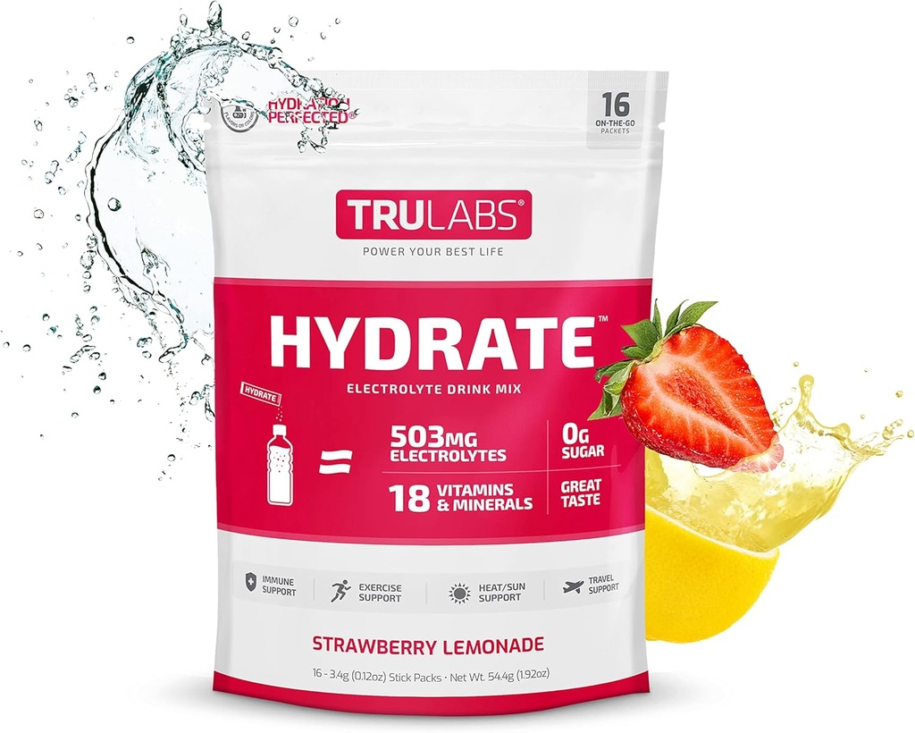 TRULABS Hydrate Strawberry Lemonade, Hydration Electrolyte Powdered Drink Mix, 16 Sticks. Noll socker, endast 5 kalorier, 503mg elektrolyter.