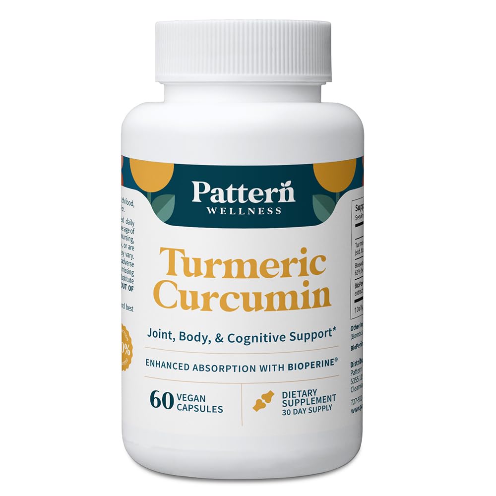 Pattern Wellness Turmeric Curcumin - 1300mg - 95% Curcuminoids med BioPerine® Black Pepper - Gemensamt, kognitivt och immunstöd - Icke-GMO, Gluten Free - 60 kapslar