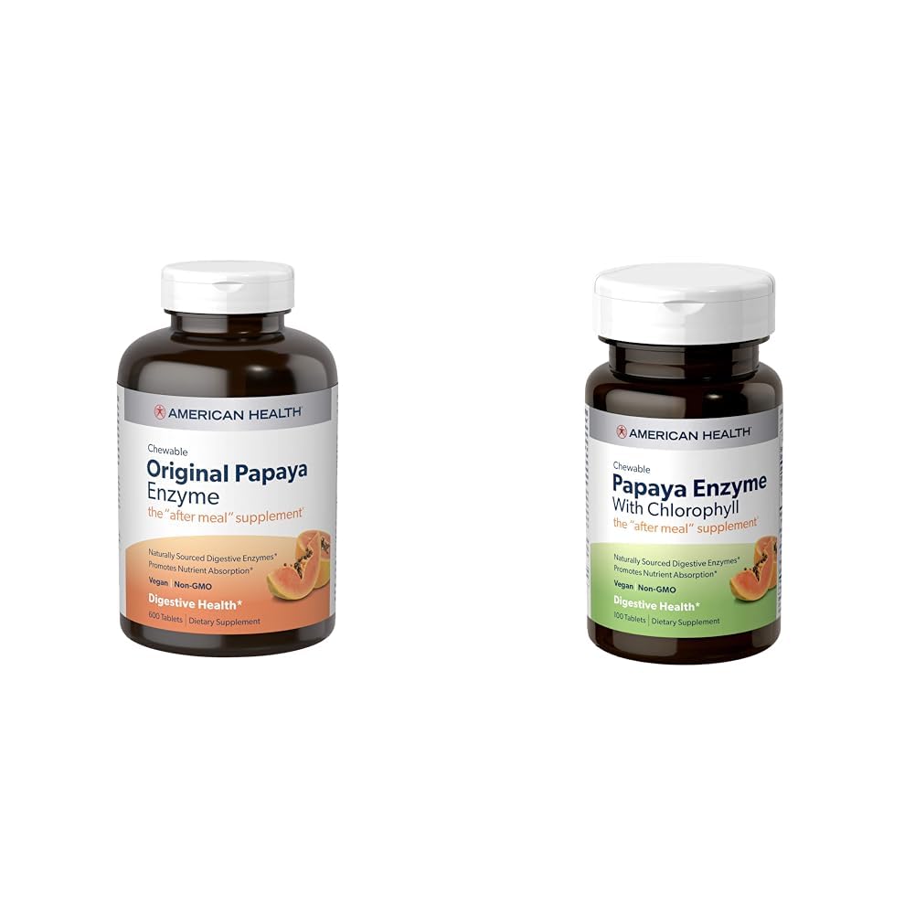American Health Papaya Digestive Enzyme Chewable Tablets Bundle - Original 600 Count och med Chlorophyll 100 Count