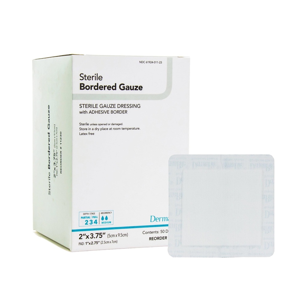 DermaRite's Sterile Bordered Gauze Dressing with Adhesive Border - Flexible Non-Linting Material, First-Aid, Individually Packaged - 2 in. x 3-3/4 in., 1 Count, 50 Packs, 50 Totalt