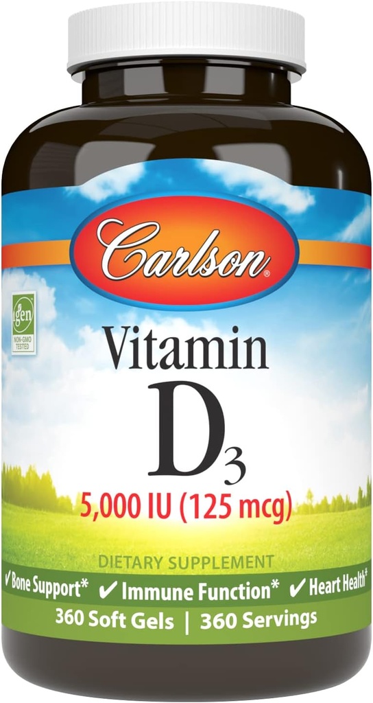 Carlson Vitamin D3 5 000 IE, Bone Health, 360 Soft Gels