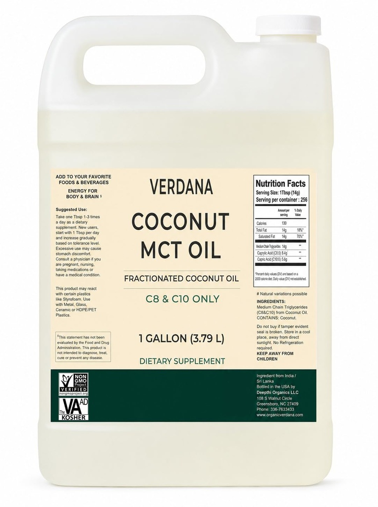 Verdana MCT Olja, Fractionated, 100% från Coconut - 1 Gallon - Kosher Food Grade, Vegan, Non-GMO - Bra för Keto och Paleo Diet (128 Fl Oz)
