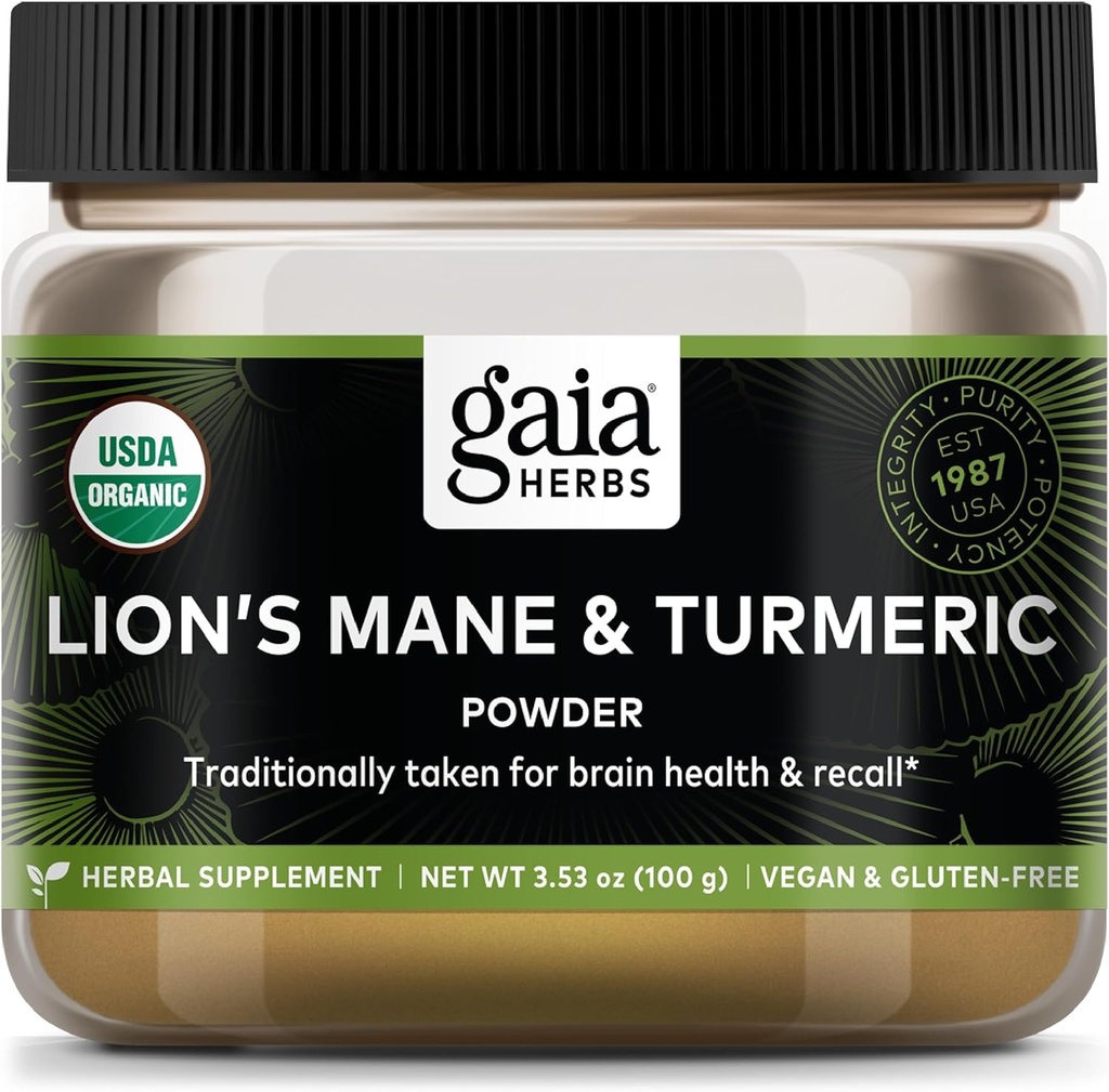 Gaia Herbs Lion's Mane & Turmeric Powder - Herbal Mushroom Supplement Powder för att hjälpa till att upprätthålla hjärnhälsa och återkalla - USDA Certified Organic-3.53 Oz (upp till 45-dagars leverans)
