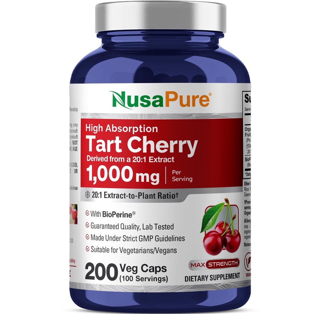 NusaPure Organic Tart Cherry 20:1 Extract, 1000 mg Equivalent till 20.000 mg 200 Veggie Caps (Vegan, Non-GMO) Bioperine