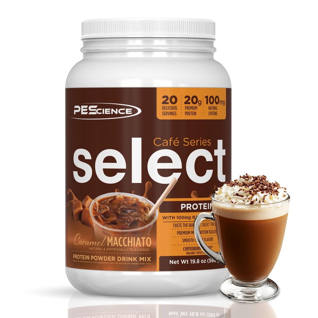 PEScience Välj Cafe Protein Kaffe smaksatt pulver, Caramel Macchiato, 100mg Koffein, 20g Iced Protein Kaffepulver eller Krämare, 20 portioner