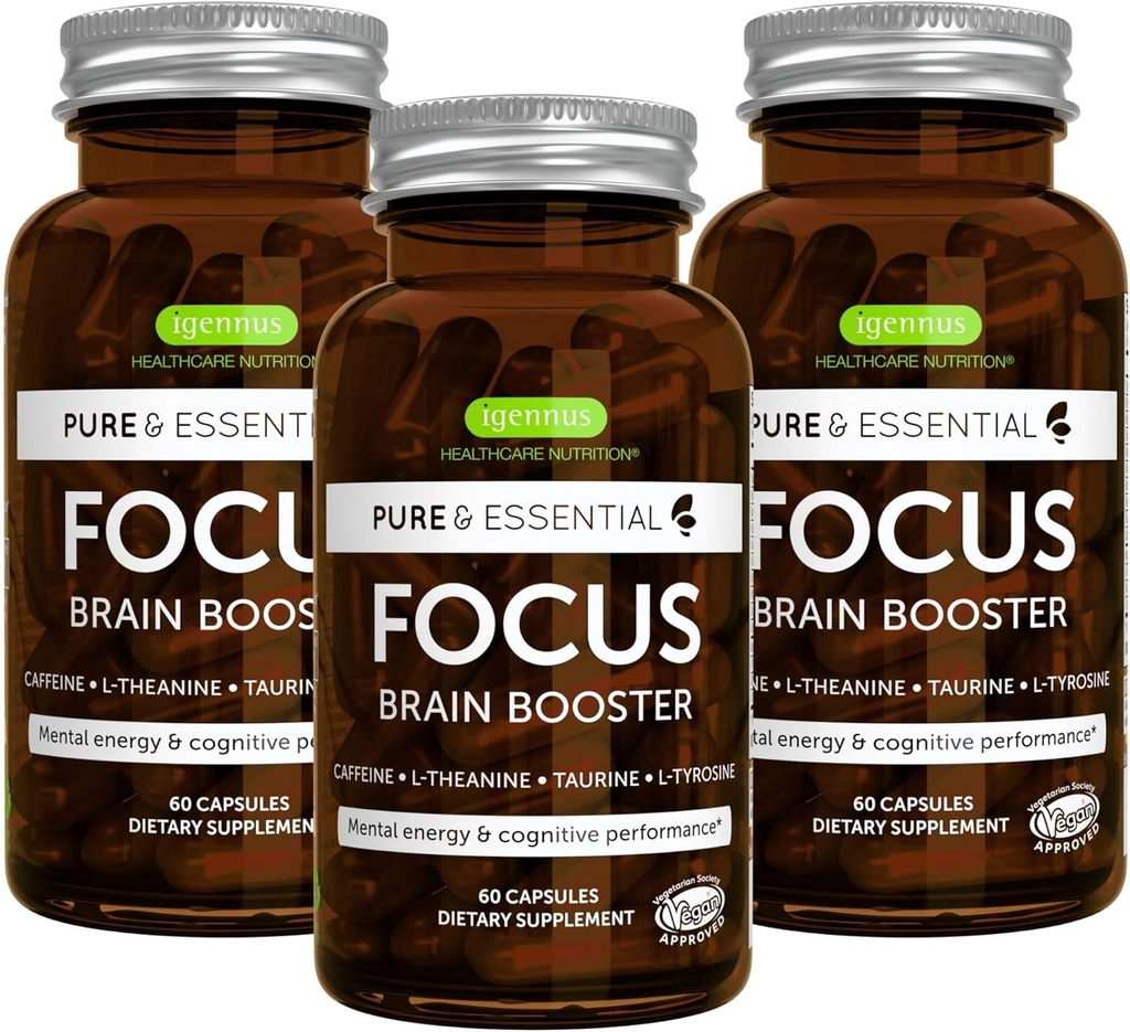 Igennus Focus - Nootropic with 200mg Natural Caffeine, Methylated B Vitamins, L-Theanine, Taurine, L-Tyrosine, Clean Energy, Brain Booster & Cognitive Performance, Non Jittery, 180 Capsules
