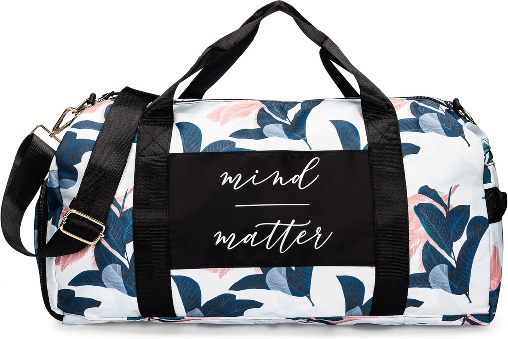 Gym Bag för kvinnor med skor kompartement och våt ficka | Hållbar lätt Gym Duffle Bag med motiverande citat och grafiska mönster | Stor för träning och över natten | Vit / Navy - Guava Leaf