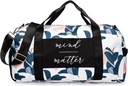 Gym Bag för kvinnor med skor kompartement och våt ficka | Hållbar lätt Gym Duffle Bag med motiverande citat och grafiska mönster | Stor för träning och över natten | Vit / Navy - Guava Leaf