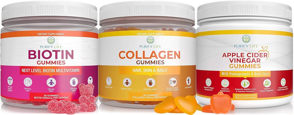 Rena liv Apple Cider Vinegar, Collagen & Biotin Bundle, Gut Health & Digestion, Gummies for Hair Growth, Healthier Skin & Nails, Vegan, Gluten Free, Non-GMO Alla naturliga tillskott