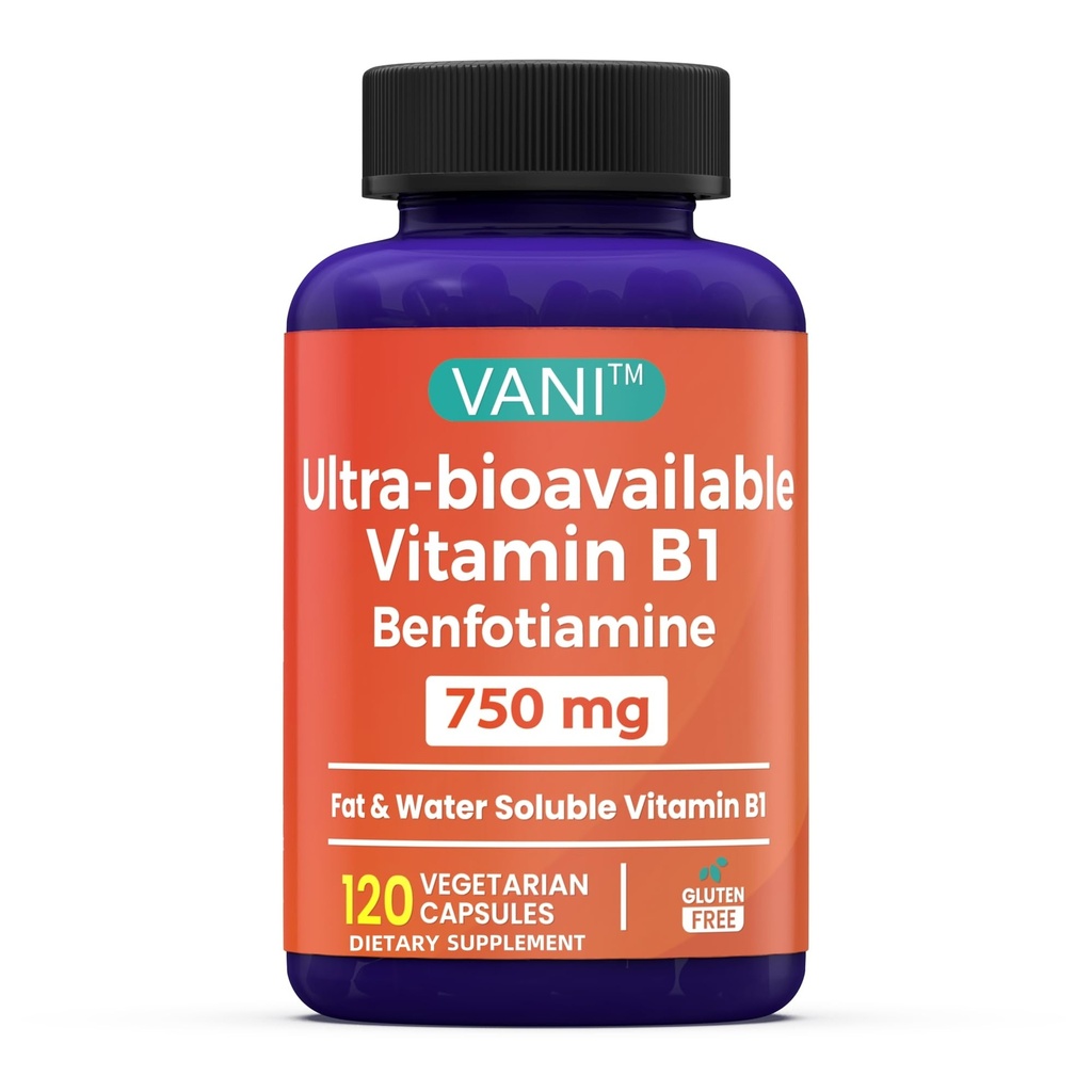 VANI Vitamin B1 med 750mg Benfotiamine, 2 i 1 Förbättrad formel -Fat & Water Soluble Thiamine B1 Supplement | 120 kapslar | Gluten Free