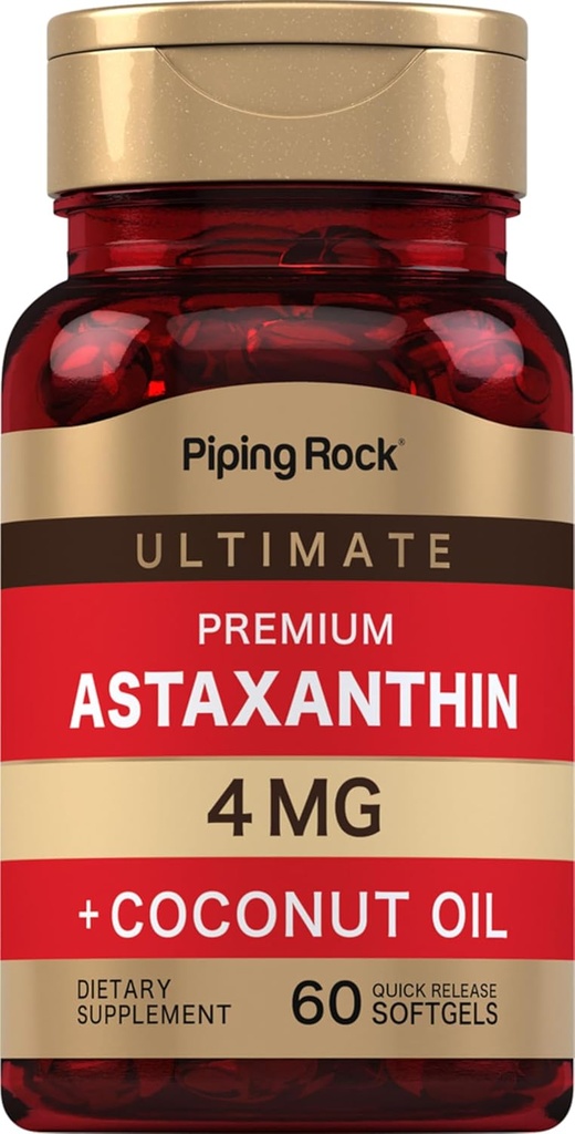 Piping Rock Astaxanthin 4mg | 60 Softgels | med Coconut Oil | Algae Extract Supplement | Non GMO, Gluten Free