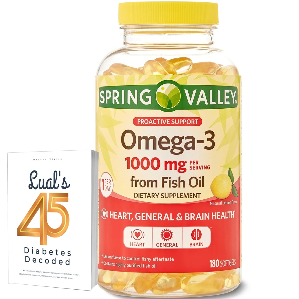 Spring Valley Omega-3 Fish Oil Soft Gels, 1000 mg, 180 greve, kosttillskott, Omega-3 fettsyror Bundle med Luals 45 diabetes avkodade