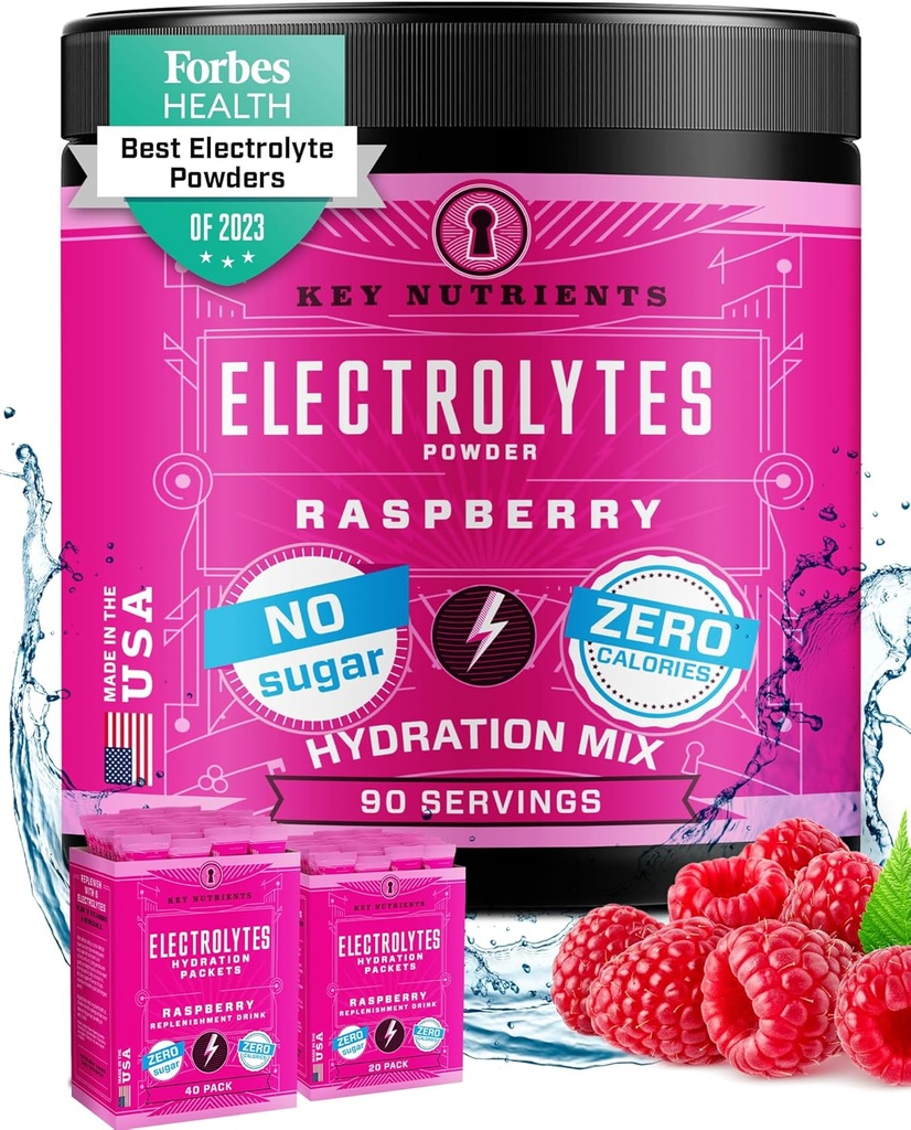 KEY NUTRIENTS Multivitamin Electrolytes Powder No Sugar - Juicy Raspberry Electrolyte Powder - Hydration Powder - Inga kalorier, Gluten Free Keto Electrolytes Powder - 90 portioner - Made in USA