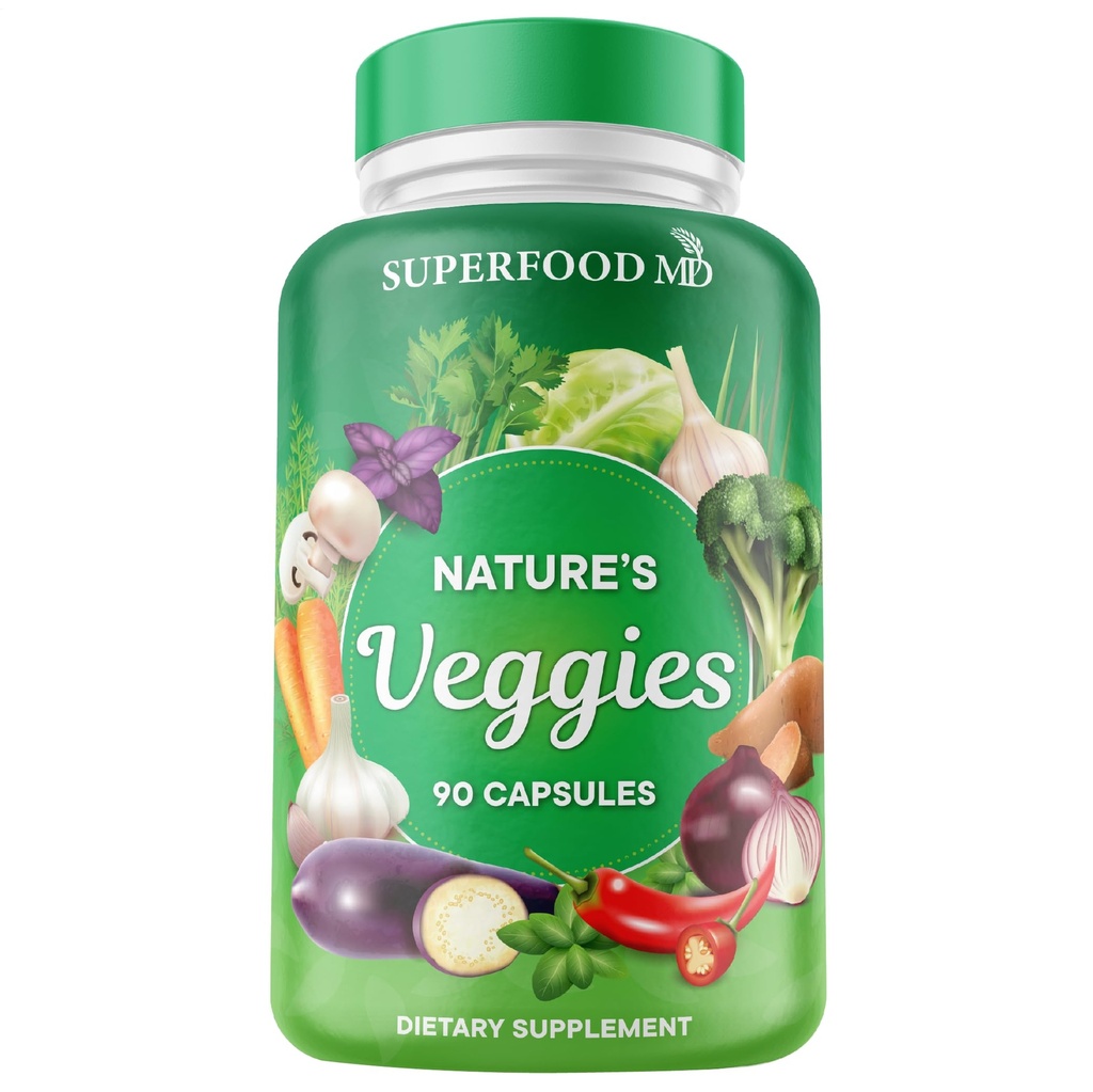 Superfood MD Veggies Supplement - 90 Veggie Capsules - Stöder energinivåer, Beta Carotene, Vitaminer och mineraler - Soja gratis - 90 greve